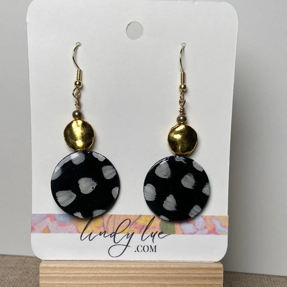 Black and White Polka Dot and Gold Dangle Earrings